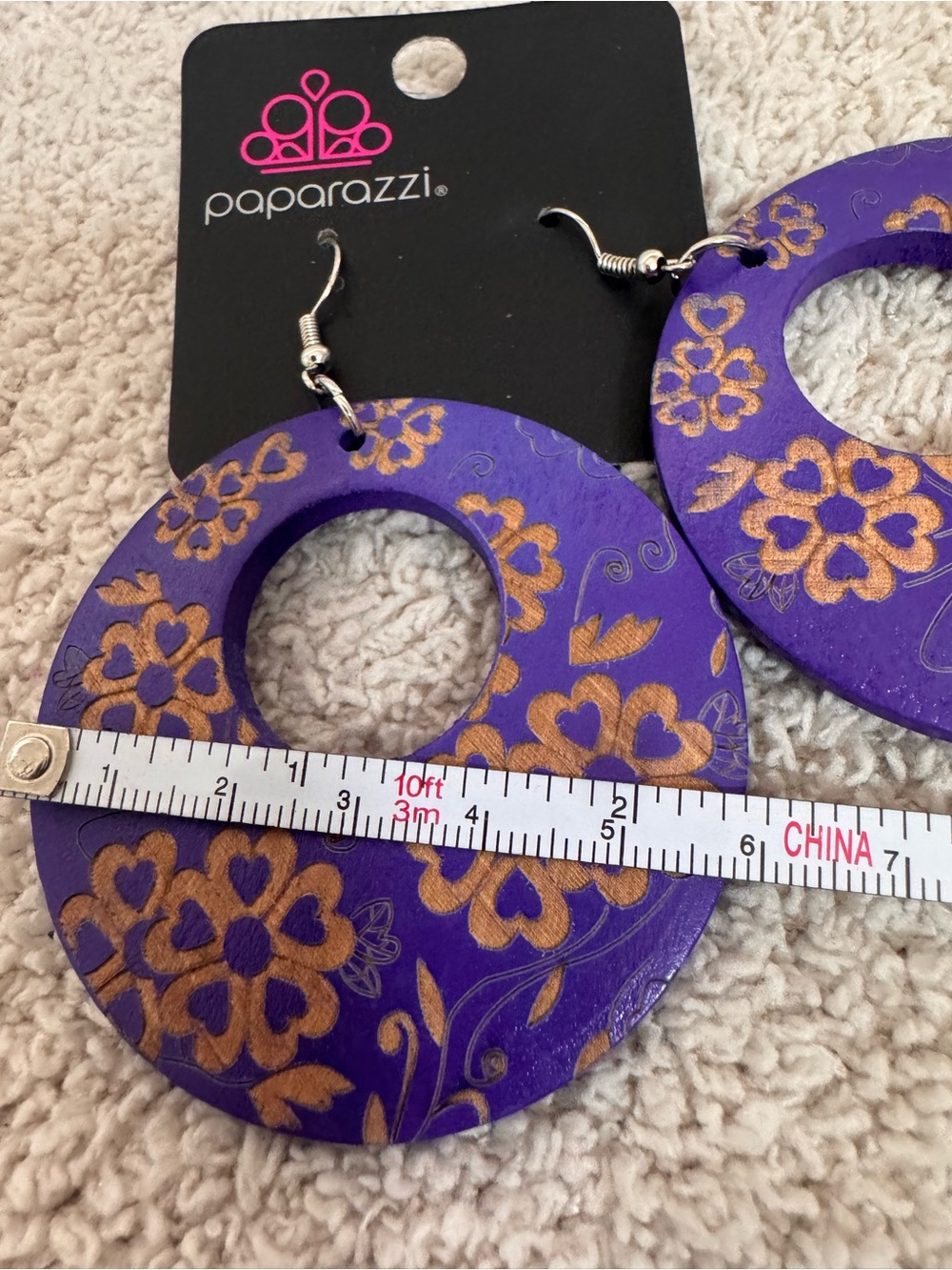 Paparazzi Purple Hoop Earrings with Gold Floral Design - Picture 2 of 2